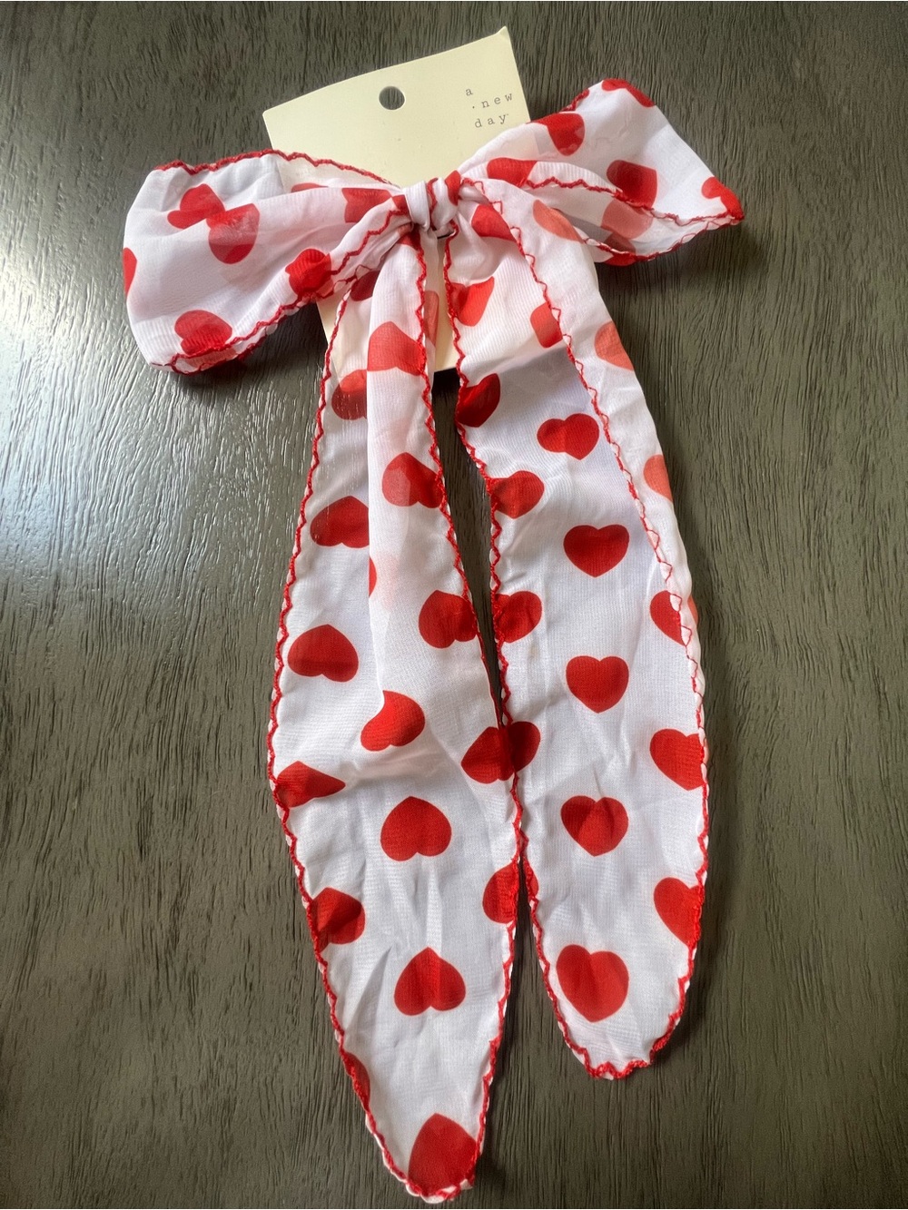 a new day Kids White Bow Scrunchie with Red Heart Print Ribbon